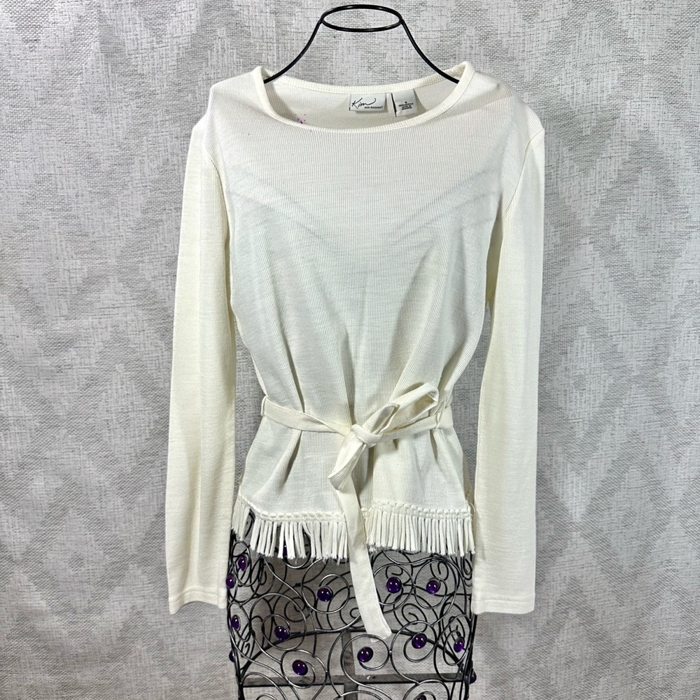 Kim Rogers white ribbed sweater with waist tie size S